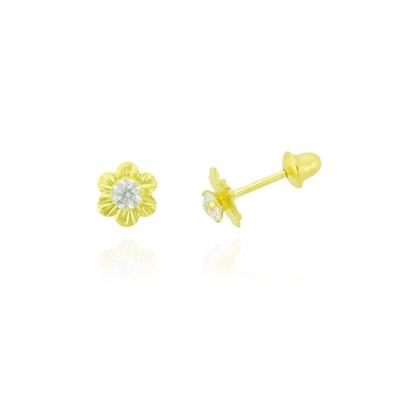 Brincos Ouro 18K  Flor Com Pedra Branca