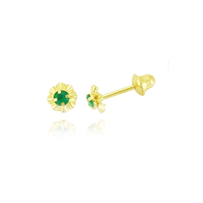 Brincos Ouro 18K Infantil Com Pedra Verde 2mm