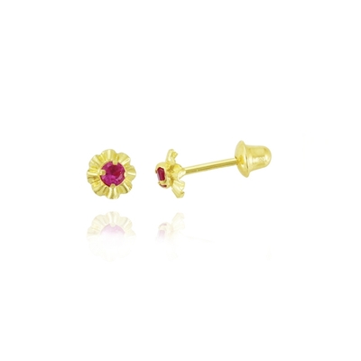 Brincos Ouro 18K Infantil Com Pedra Rosa 2mm