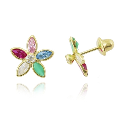 Brincos Ouro 18K Flor Pedras