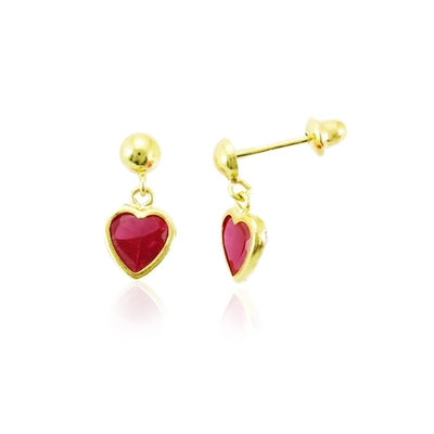 Brincos Ouro 18K Coração Com Pedra Vermelha 5mm