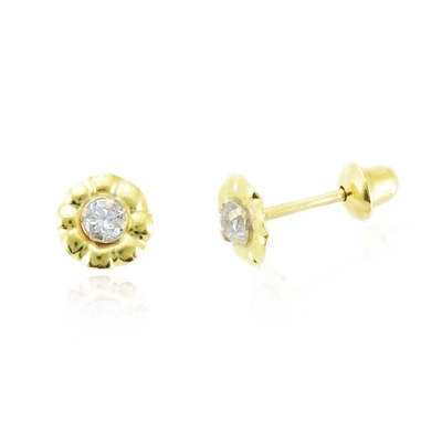 Brincos Ouro 18K Flor Pedra Branca