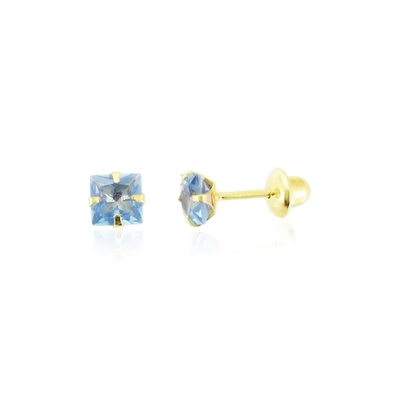Brincos Ouro 18K Pedra Quadrada Azul 3 mm