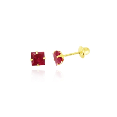 Brincos Ouro 18K Pedra Quadrada Vermelha 3 mm