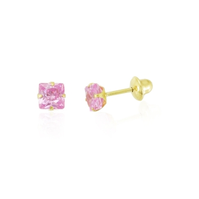 Brincos Ouro 18K Pedra Quadrada Rosa 3 mm