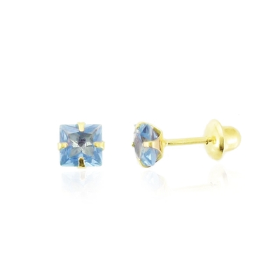 Brincos Ouro 18K Pedra Quadrada Azul 4 mm