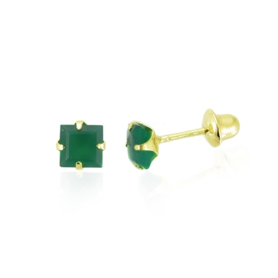 Brincos Ouro 18K Pedra Quadrada Verde 4 mm
