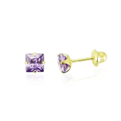 Brincos Ouro 18K Pedra Quadrada Roxa 4 mm