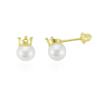 Brincos Ouro 18K Coroa Com Pérola