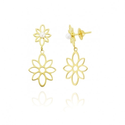 Brincos Ouro 18K Flor De Lótus Com Pérola