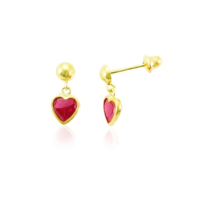 Brincos Ouro 18K Coração Com Pedra Vermelha 4mm