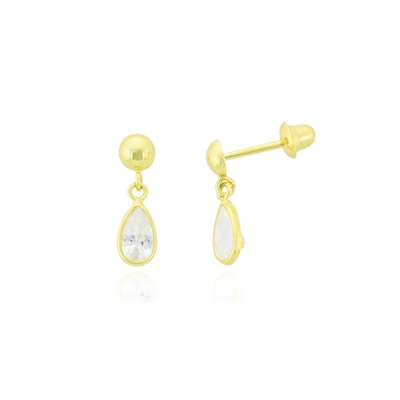 Brincos Ouro 18K Com Pedra Branca Gota