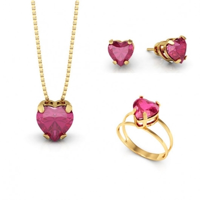 Conjunto Ponto de Luz Coração Ouro 18K