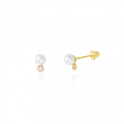 Brinco Ouro 18K Pérola Pedra Rosa