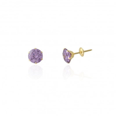 Brinco Ouro 18K Pedra Roxa 6mm