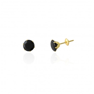 Brinco Ouro 18K Pedra Preta 6mm