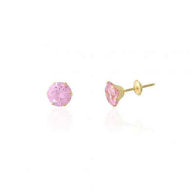 Brinco Ouro 18K Pedra Rosa 6mm