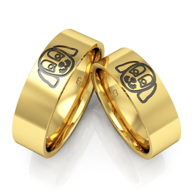 Alianças Casamento Ouro 18K Pet Cachorrinho Aplique em Ródio Negro