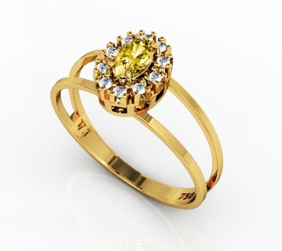 Anel Ouro 18K com Pedras Brancas e Pedra Amarela