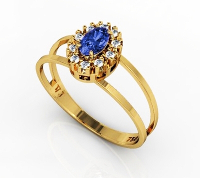 Anel Ouro 18K com Pedras Brancas e Pedra Azul