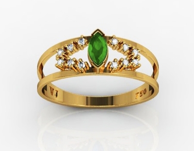 Anel Ouro 18K com Pedras Brancas e Pedra Verde