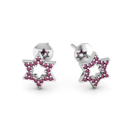 Brinco Prata Estrela de Davi com Pedras Vermelhas