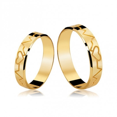 Alianças Casamento Ouro Polidas Cantos Chanfrados Coração E Batimentos Cardíacos 