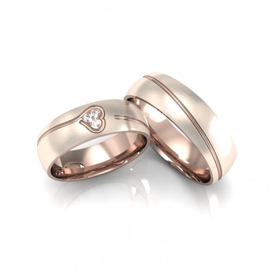 Alianças Casamento Ouro Rosê Foscas com Coração e Friso 6mm 14g