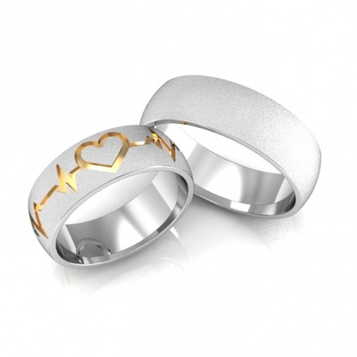 Alianças Compromisso Prata Diamantadas Coração E Batimentos Cardíacos Aplique Ouro Amarelo