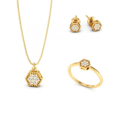 Conjunto Ouro 18K Chuveiro Sextavado com Pedras