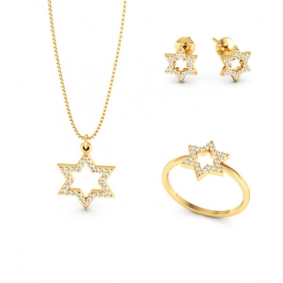 Conjunto Ouro 18K Estrela de Davi com Pedras