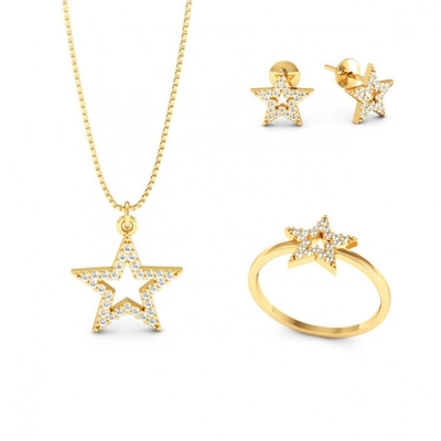 Conjunto Ouro 18K Estrela com Pedras