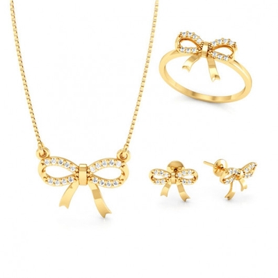 Conjunto Ouro 18K Lacinho com Pedras