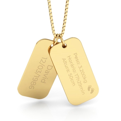 Pingente Personalizado Ouro 18K Masculino Duas Placa Dados Nascimento