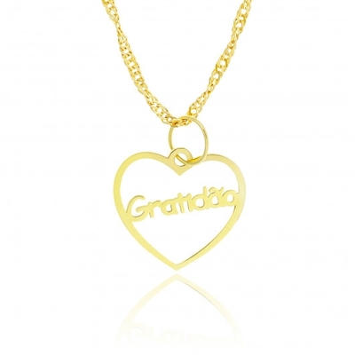 Colar com Pingente Coração Palavra Gratidão Ouro 18K