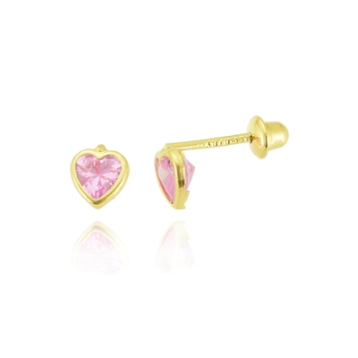 Brincos Ouro 18K Coração Pedra Rosa