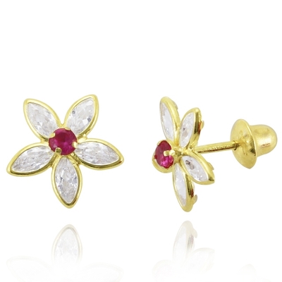Brincos Ouro 18K Flor Pedras