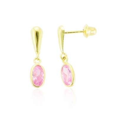 Brincos Ouro 18K Pedra Oval Rosa