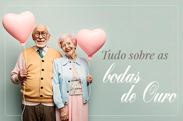 Fundo verde claro à esquerda um casal de idosos segurando um balão em forma de coração cor de rosa e à direita escrito em verde escuro Tudo sobre as e em letra branca manuscrita Bodas de ouro