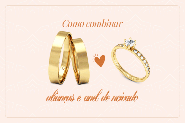 Modelos de alianças e anel de noivado vão mudando escrito em laranja rosa Como combinar alianças e anel de noivado
