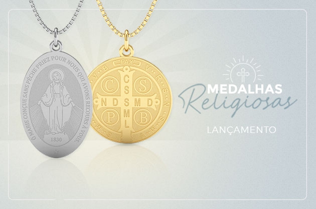 Fundo azulado, à esquerda foco de uma Medalha Milagrosa em prata e em ouro a medalha de São Bento, à direita Medalhas Religiosas Lançamento