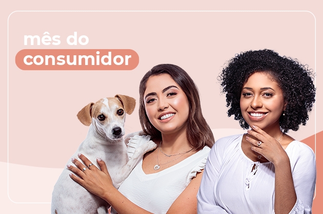 banner com duas mulheres jovens uma delas segura um cachorro e outra está com mão no rosto representando consumidores
