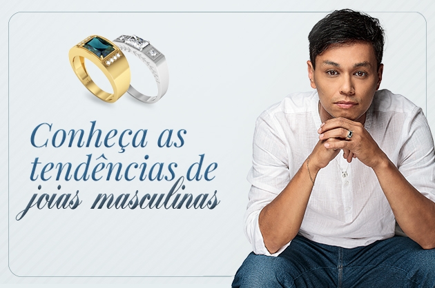 banner com homem sentado com mãos segurando o queixo mostrando o anel no dedo anelar e dois anéis de ouro e prata acima do texto de chamada