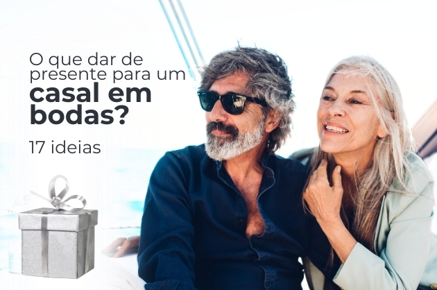 Casal de meia idade olha para a esquerda, ao lado em letras pretas "O que dar de presente para um casal em bodas? abaixo uma caixinha de presnetes cinza