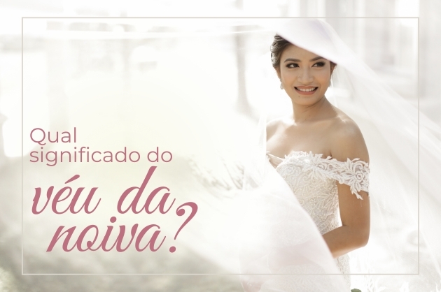 Noiva sorridente olha para a direita com véu esvoaçante, à esquerda em letra rosa: Qual significado do véu da noiva?