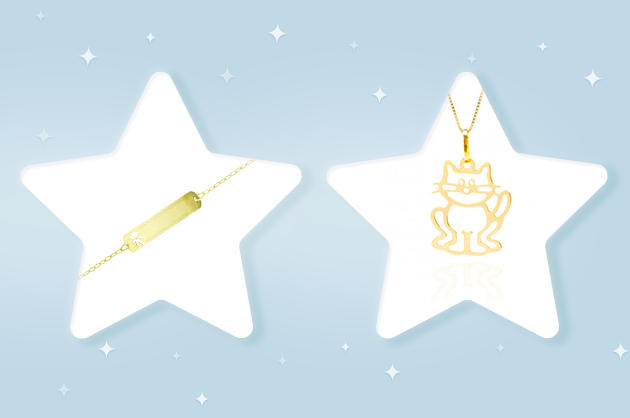 Pulseira com plaquinha para criança e pingente de ouro de gatinho