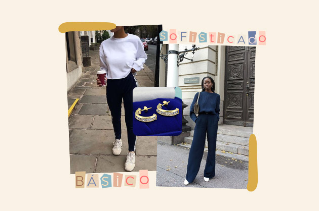 Básico e sofisticado Composição de look básico e despojado, com um brinco de ouro com pedras