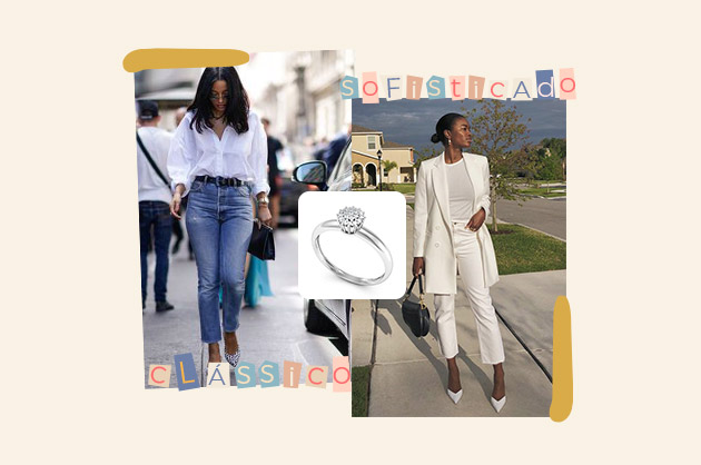 Clássico e sofisticado Duas produções de moda diferentes: clássico e sofisticado. No meio, um anel chuveiro rainha em prata para complementar