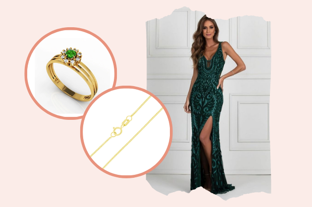 Corrente Ouro 18K Groumet 70 cm, Anel Ouro 18K com Pedras Brancas e Pedra Verde e mulher com vestido verde esmeralda