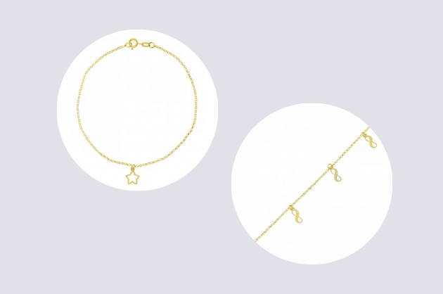 Pulseira de ouro com pingente de estrela e uma choker de ouro com vários vários pingentes com o símbolo do infinito